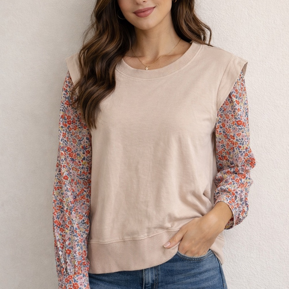 Karlie Blush Pullover with Floral Chiffon Sleeves